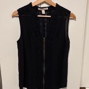 Sheer Black Zip-Front Lace-Trim Top - M